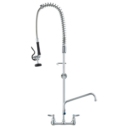 Commercial Faucet with Pre-Rinse Sprayer, 47" Height, 8" Center, 12" Swing Spout, Wall Mount Kitchen Sink Faucet, Brass Constructed Device with Pull Down Spray, for 1/2/3 Compartment Sink.