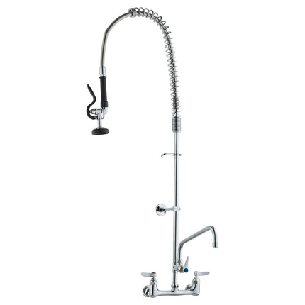 Commercial Faucet with Pre-Rinse Sprayer, 47" Height, 8" Center, 12" Swing Spout, Wall Mount Kitchen Sink Faucet, Brass Constructed Device with Pull Down Spray, for 1/2/3 Compartment Sink.