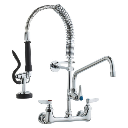 Commercial Faucet with Pre-Rinse Sprayer, 21" Height, 8" Center, 12" Swing Spout, Wall Mount Kitchen Sink Faucet, Brass Constructed Device with Pull Down Spray, for 1/2/3 Compartment Sink.