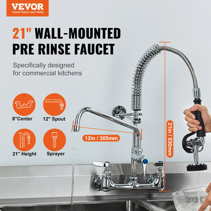Commercial Faucet with Pre-Rinse Sprayer, 21" Height, 8" Center, 12" Swing Spout, Wall Mount Kitchen Sink Faucet, Brass Constructed Device with Pull Down Spray, for 1/2/3 Compartment Sink.
