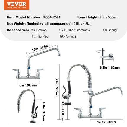 Commercial Faucet with Pre-Rinse Sprayer, 21" Height, 8" Center, 12" Swing Spout, Wall Mount Kitchen Sink Faucet, Brass Constructed Device with Pull Down Spray, for 1/2/3 Compartment Sink.