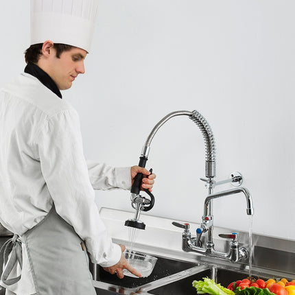 Commercial Faucet with Pre-Rinse Sprayer, 21" Height, 8" Center, 12" Swing Spout, Wall Mount Kitchen Sink Faucet, Brass Constructed Device with Pull Down Spray, for 1/2/3 Compartment Sink.