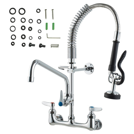 Commercial Faucet with Pre-Rinse Sprayer, 21" Height, 8" Center, 12" Swing Spout, Wall Mount Kitchen Sink Faucet, Brass Constructed Device with Pull Down Spray, for 1/2/3 Compartment Sink.
