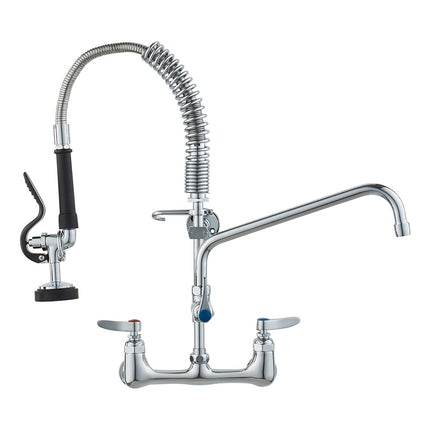 Commercial Faucet with Pre-Rinse Sprayer, 21" Height, 8" Center, 12" Swing Spout, Wall Mount Kitchen Sink Faucet, Brass Constructed Device with Pull Down Spray, for 1/2/3 Compartment Sink.