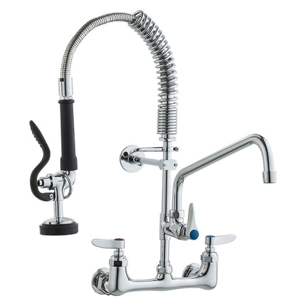 Commercial Faucet with Pre-Rinse Sprayer, 21" Height, 8" Center, 12" Swing Spout, Wall Mount Kitchen Sink Faucet, Brass Constructed Device with Pull Down Spray, for 1/2/3 Compartment Sink.