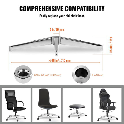 Office Chair Base Replacement, 710 mm 1134 kg Static Load Capacity, Heavy Duty Universal Computer Desk Chair Stool Base Part with Reinforced Metal Legs, Desk Chair Base Replacement Parts, Silver.