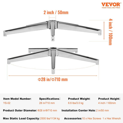 Office Chair Base Replacement, 710 mm 1134 kg Static Load Capacity, Heavy Duty Universal Computer Desk Chair Stool Base Part with Reinforced Metal Legs, Desk Chair Base Replacement Parts, Silver.