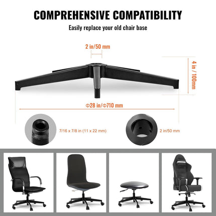 Office Chair Base Replacement, 710 mm, 1134 kg Static Load Capacity, Heavy Duty Universal Computer Desk Chair Stool Base Part with Reinforced Metal Legs, Desk Chair Base Replacement Parts, Black.