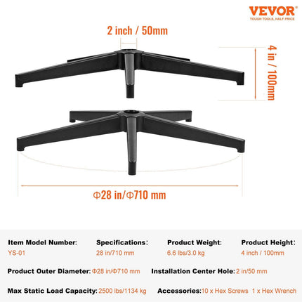 Office Chair Base Replacement, 710 mm, 1134 kg Static Load Capacity, Heavy Duty Universal Computer Desk Chair Stool Base Part with Reinforced Metal Legs, Desk Chair Base Replacement Parts, Black.