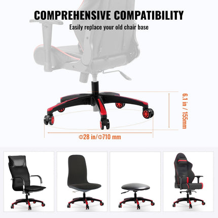 Office Chair Base Replacement, 710 mm, 1134 kg Static Load, Heavy Duty Universal Computer Desk Chair Stool Base Part with 5 Casters and Reinforced Legs, Desk Chair Base Replacement, Black + Red.
