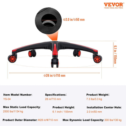 Office Chair Base Replacement, 710 mm, 1134 kg Static Load, Heavy Duty Universal Computer Desk Chair Stool Base Part with 5 Casters and Reinforced Legs, Desk Chair Base Replacement, Black + Red.
