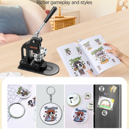 Button Maker Machine, 58 mm, Pin Maker Machine with 500pcs Button Parts, Circle Cutter, Hex Wrenches and Magic Book, Ergonomic Handle, for DIY Badges, Personalized Pins and Key Chains, Black.