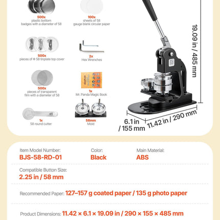 Button Maker Machine, 58 mm, Pin Maker Machine with 500pcs Button Parts, Circle Cutter, Hex Wrenches and Magic Book, Ergonomic Handle, for DIY Badges, Personalized Pins and Key Chains, Black.