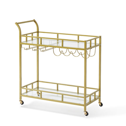 2 Tiers Gold Metal Bar Serving Cart with Wine Rack Glass Holder 120 LBS.