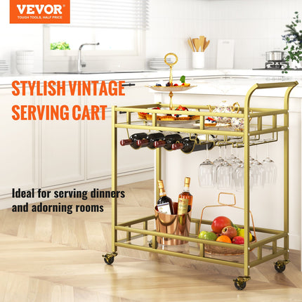 2 Tiers Gold Metal Bar Serving Cart with Wine Rack Glass Holder 120 LBS.