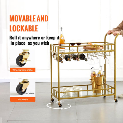 2 Tiers Gold Metal Bar Serving Cart with Wine Rack Glass Holder 120 LBS.