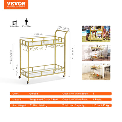 2 Tiers Gold Metal Bar Serving Cart with Wine Rack Glass Holder 120 LBS.