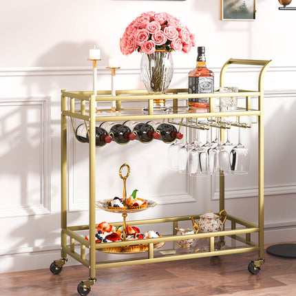 2 Tiers Gold Metal Bar Serving Cart with Wine Rack Glass Holder 120 LBS.