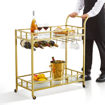 2 Tiers Gold Metal Bar Serving Cart with Wine Rack Glass Holder 120 LBS.