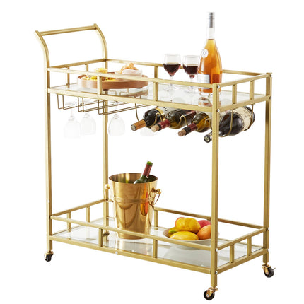 2 Tiers Gold Metal Bar Serving Cart with Wine Rack Glass Holder 120 LBS.