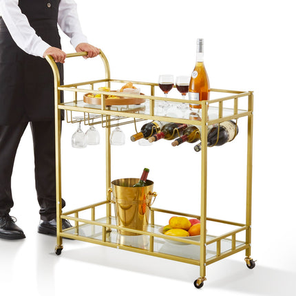 2 Tiers Gold Metal Bar Serving Cart with Wine Rack Glass Holder 120 LBS.