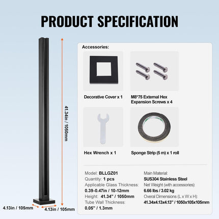 Glass Clamp, 41.34" Height Glass Railing Bracket for 0.39 "-0.47 " Thickness Tempered Glass, 304 Stainless Steel Glass Mounting Clamp, Glass Shelf Bracket for Balcony, Garden, Deck, Stair, Black.