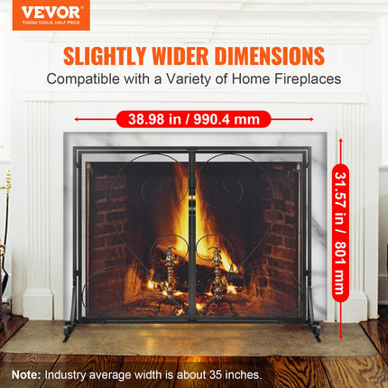 990x802MM Fireplace Screen 2-Panel Iron Mesh Spark Guard Vintage Black.