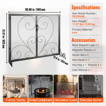 990x802MM Fireplace Screen 2-Panel Iron Mesh Spark Guard Vintage Black.
