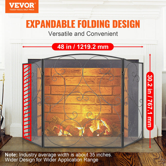 Fireplace Screen 3 Panel, Sturdy Iron Mesh Fireplace Screen, 122(L)x76.7(H)CM Spark Guard Cover, No Assembly Required, Free Standing Fireplace Fence Grate for Living Room Home Decor Vintage.
