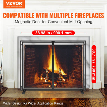 Fireplace Screen 1 Panel with Door, Sturdy Iron Mesh Fireplace Screen, 990(L) x780(H)MM Spark Guard Cover, Simple Installation, Free Standing Fire Fence Grate for Living Room Home Decor Modern.