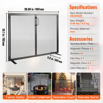 Fireplace Screen 1 Panel with Door, Sturdy Iron Mesh Fireplace Screen, 990(L) x780(H)MM Spark Guard Cover, Simple Installation, Free Standing Fire Fence Grate for Living Room Home Decor Modern.
