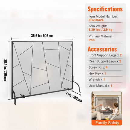 Fireplace Screen Single Panel, Sturdy Iron Mesh Fireplace Screen, 906(L) x720(H)MM Spark Guard Cover, Simple Installation, Free Standing Fire Fence Grate for Living Room Home Decor Modern.