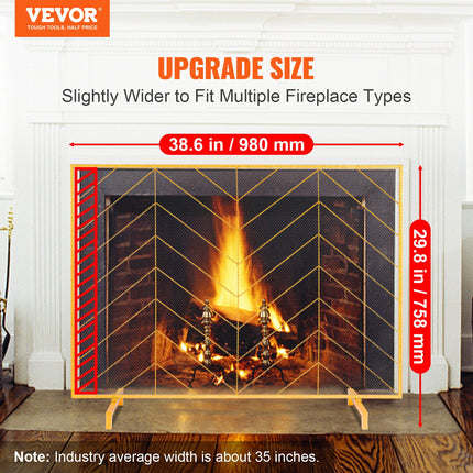 980x758MM Fireplace Screen 1-Panel Iron Mesh Spark Guard Modern Gold.