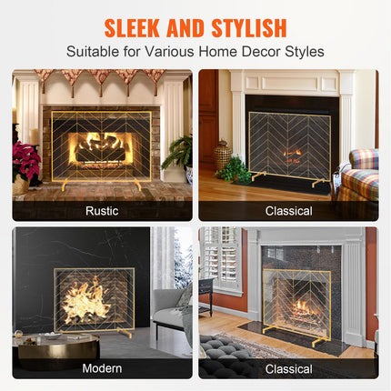 980x758MM Fireplace Screen 1-Panel Iron Mesh Spark Guard Modern Gold.