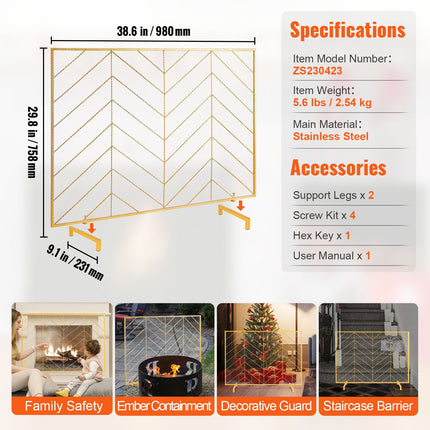 980x758MM Fireplace Screen 1-Panel Iron Mesh Spark Guard Modern Gold.
