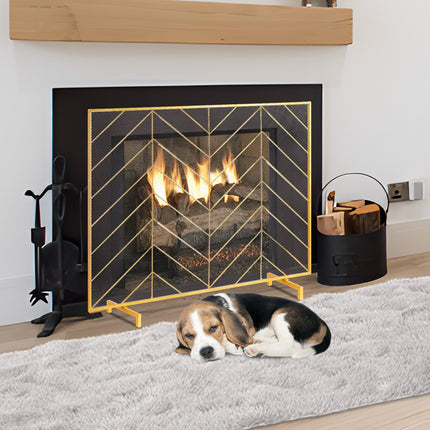 980x758MM Fireplace Screen 1-Panel Iron Mesh Spark Guard Modern Gold.