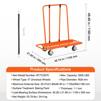 Drywall Cart, 3000 LBS Panel Dolly Cart with 45.28" x 21.8" Deck and 5" Swivel Wheels, Heavy-Duty Drywall Sheet Cart, Handling Wall Panel, Sheetrock, Lumber, for Garage, Home, Warehouse.