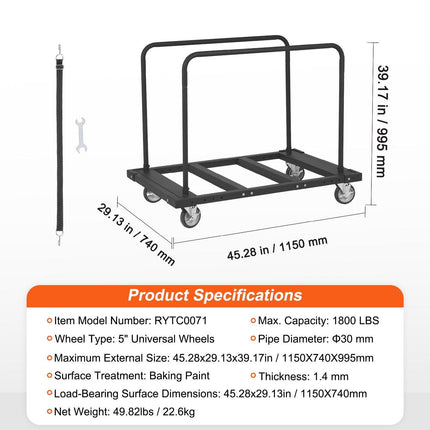 Drywall Cart, 1800 LBS Panel Dolly Cart with 45.28" x 29.13" Deck and 5" Swivel Wheels, Heavy-Duty Drywall Sheet Cart, Handling Wall Panel, Sheetrock, Lumber, for Garage, Home, Warehouse.