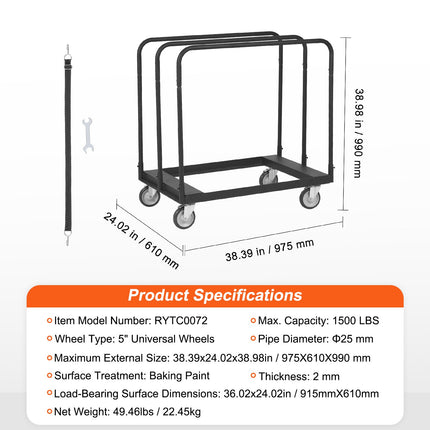 Drywall Cart, 1500 LBS Panel Dolly Cart with 36.02" x 24.02" Deck and 5" Swivel Wheels, Heavy-Duty Drywall Sheet Cart, Handling Wall Panel, Sheetrock, Lumber, for Garage, Home, Warehouse.