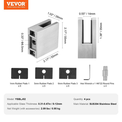 Glass Clamp, 4 PCS Square Glass Railing Bracket for 0.31 "-0.47 " Tempered Glass, 304 Stainless Steel Glass Mounting Clamp, Glass Shelf Bracket for Balcony, Garden, Pool, Stair, Silver.