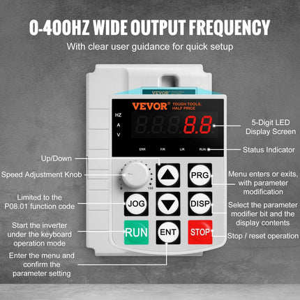 VFD 10HP, 7.5KW, 34A, 1 Phase 220V-240V Input to 3 Phase 220V-240V Output Variable Frequency Drive, 0-400Hz VFD for AC Motor Speed Control.