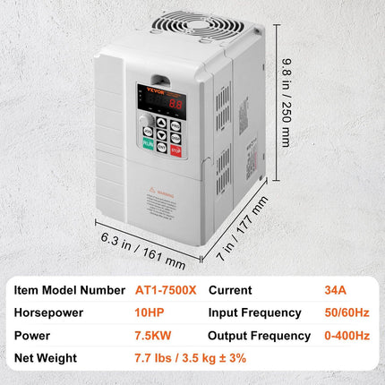 VFD 10HP, 7.5KW, 34A, 1 Phase 220V-240V Input to 3 Phase 220V-240V Output Variable Frequency Drive, 0-400Hz VFD for AC Motor Speed Control.