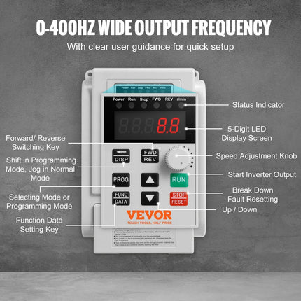 VFD 5HP, 4KW, 18A, 1 Phase 220V-240V Input to 3 Phase 220V-240V Output Variable Frequency Drive, 0-400Hz VFD for AC Motor Speed Control.