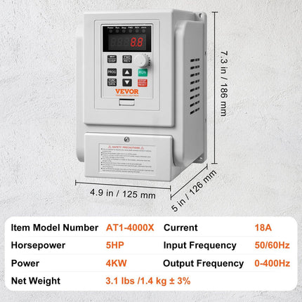 VFD 5HP, 4KW, 18A, 1 Phase 220V-240V Input to 3 Phase 220V-240V Output Variable Frequency Drive, 0-400Hz VFD for AC Motor Speed Control.