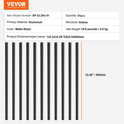 Staircase Metal Balusters, 32.28"x1"x0.2" Flat Aluminum Alloy Decorative Banister Spindles, 51 Pack Deck Baluster with Screws, Classic Hollow Deck Railing Satin Black Powder Coated for Porch.