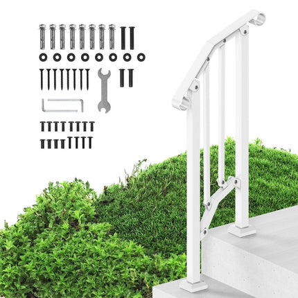 Handrails for Outdoor Steps, 1-2 Step Stair Hand Rail Kit, Transitional Carbon Steel Railings with Installation Kit, Stair Rails for Seniors, Concrete Steps & Porch & Deck, White Retro Arch.