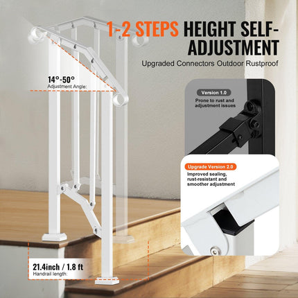 Handrails for Outdoor Steps, 1-2 Step Stair Hand Rail Kit, Transitional Carbon Steel Railings with Installation Kit, Stair Rails for Seniors, Concrete Steps & Porch & Deck, White Retro Arch.