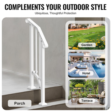 Handrails for Outdoor Steps, 1-2 Step Stair Hand Rail Kit, Transitional Carbon Steel Railings with Installation Kit, Stair Rails for Seniors, Concrete Steps & Porch & Deck, White Retro Arch.
