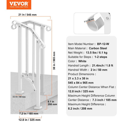 Handrails for Outdoor Steps, 1-2 Step Stair Hand Rail Kit, Transitional Carbon Steel Railings with Installation Kit, Stair Rails for Seniors, Concrete Steps & Porch & Deck, White Retro Arch.