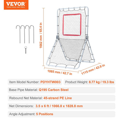 Baseball And Softball Rebounder Net, 3.5 x 6 ft PitchBack Baseball Pitching Nest, Softball Pitchback Net, Fielding Trainer, Bounce Back Net for Fielding/Throwing Practice, 5 Adjustable Angles.
